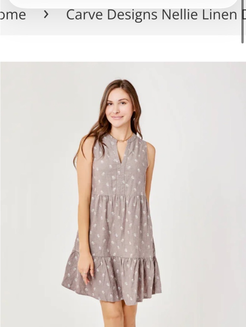 Carve Designs Nellie Linen Sleeveless Tiered Mini Dress Taupe with White Floral